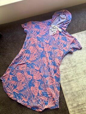 Koolaburra by UGG Hooded Dress XS Pink Blue Floral Tropical Drawstring V-Neck